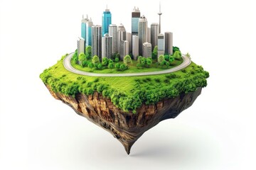 3D illustration of Floating island with city building and flying green grass field landscape, round soil ground cross section with earth land and modern city on white background