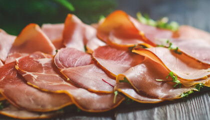 Wall Mural - Slices of ham. Delicious meat. Tasty food. Cooking and culinary concept. Dark background.
