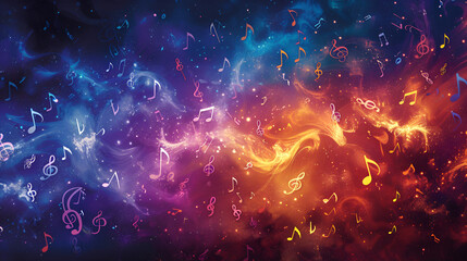 dynamic background filled with musical notes in various colors, such as blue, purple, and orange. The notes are dispersed throughout, with some floating above others, creating an impression of a music