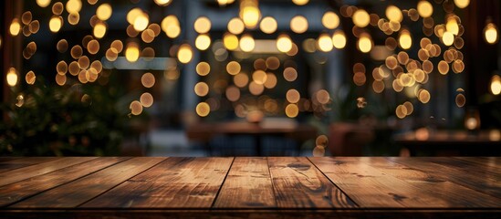 Sticker - Wooden Table in Front of Blurred Restaurant Lights