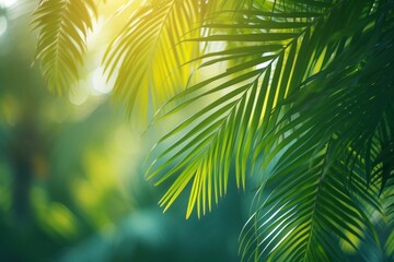 Wall Mural - Abstract green blurred background of palm leaves