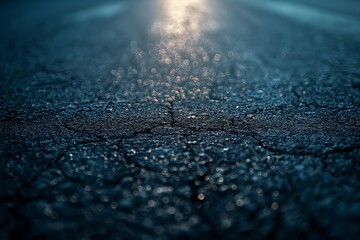 An evocative image of cracked asphalt reflecting pale light, presenting a dramatic and moody scene that captures the rugged texture and highlights the aged pavement.