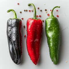 Wall Mural - Three peppers are shown in a row, with one being red, one being yellow