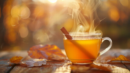 Steaming hot tea in a glass cup with autumn leaves on a wooden table.