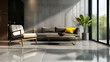 © vitor - Um lounge monocromático elegante com detalhes em madeira e uma almofada amarela complementando o refinado piso de ladrilho cinza, exalando um charme contemporâneo.