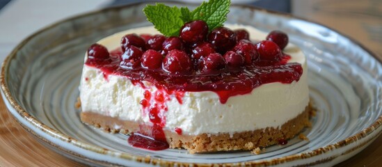 Wall Mural - Healthy organic summer dessert: Vanilla cheesecake with cranberry sauce