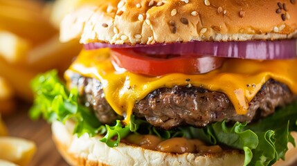 Wall Mural - A juicy hamburger is shown in extreme close-up. This is a macro shot of a cheeseburger that looks tasty and fresh. It's ready to eat!