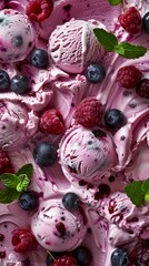 Wall Mural - Close-up of mixed berry ice cream with raspberries and blueberries, top view. Delicious dessert and summer treat concept
