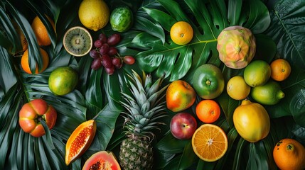Wall Mural - A bright and refreshing mix of tropical fruits, arranged on a bed of lush green leaves.