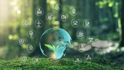 Wall Mural - ecological green energy icons concept sphere world spinning on young plant springing up out of the m