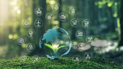 Wall Mural - digital globe concept ecological green energy icons on young plant springing up out of the moss soil