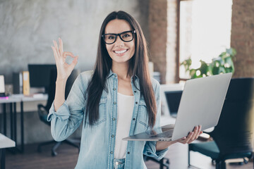 Poster - Photo of happy charming lady assistant wear jeans shirt smiling working modern gadget showing okey sign indoors workshop workstation loft