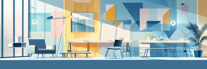 Aufkleber - Bright and colorful office space with modern furniture and geometric wall art. Perfect for creative work environments and professional settings