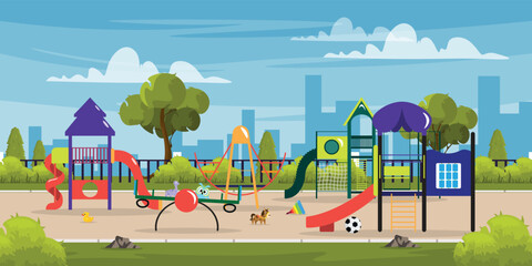 Vector illustration of a cityscape with a playground.Cartoon scene of a playground with a slide, towers, horizontal bars, a ball, a pyramid, a horse, a duck, trees, bushes. Children's sports complex.
