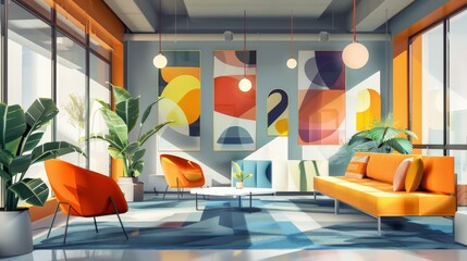 Aufkleber - Minimalist office space with colorful modern furniture and abstract wall art. Ideal for a creative and professional environment