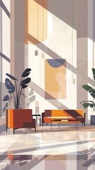 Aufkleber - Bright office with vibrant wall art, ergonomic furniture, and large windows. Perfect for enhancing creativity and productivity