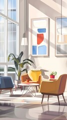 Aufkleber - Modern office lounge with abstract wall art, colorful furniture, and large windows. Ideal for creative and collaborative workspaces