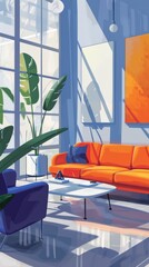 Aufkleber - Modern office lounge with orange couch, blue armchair, and large indoor plants. Contemporary interior design concept with vibrant colors and natural light