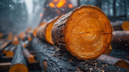 Close-up view of a stack of freshly cut timber logs with visible annual rings at a sawmill. Blurred background showing more wood and interior structure.