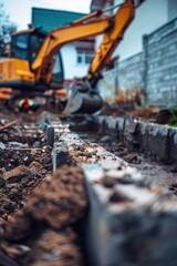 Canvas Print - A busy construction site with a bulldozer working in the background, surrounded by buildings and equipment