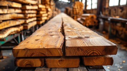 Close-up view of a stack of freshly cut timber logs with visible annual rings at a sawmill. Blurred background showing more wood and interior structure.