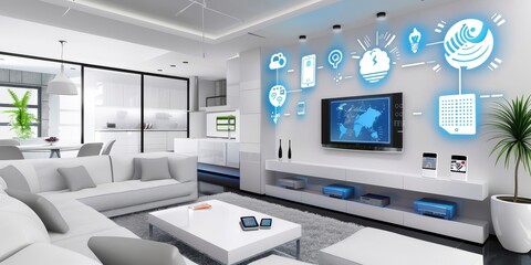 Fototapete - Modern smart home interior with advanced technology and automation, showcasing stylish and comfortable living space with connected devices