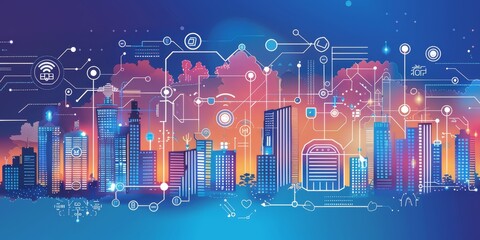 Leinwandbilder - Futuristic smart city skyline with digital network interface, showcasing modern technology and urban connectivity for efficient city management