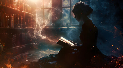 Woman Reading Book in a Mystical Library Setting