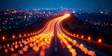 Fototapete - Urban cityscape at night with long exposure lights on the road, showcasing a vibrant and dynamic metropolis with illuminated skyline