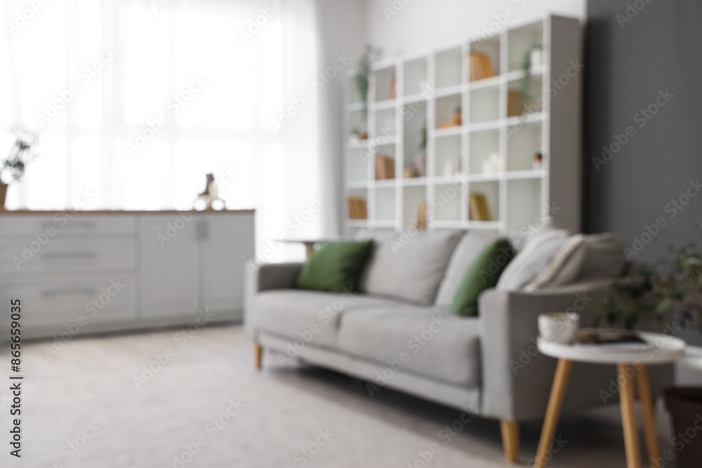 Blurred view of living room with grey sofa and bookshelf