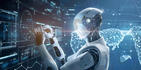Leinwandbilder - Futuristic AI robot interacting with digital screens, representing advanced technology, artificial intelligence, and cyber innovation in a high-tech environment