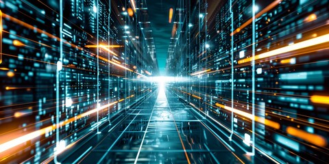 Poster - Futuristic data center with glowing lights and high-speed data flow, representing modern technology and digital innovation in a cyber environment