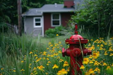 Wall Mural - A red fire hydrant sits in a field of yellow flowers near a house surrounded by tall grass