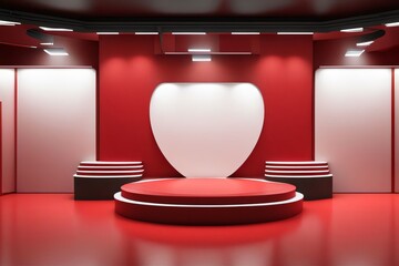 Red display stand on a red base, in a red room environment with spotlight