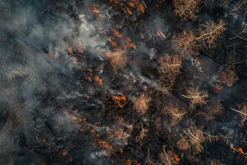 Wall Mural - Aerial view of forest and field fire aftermath black ash covering ground View from above