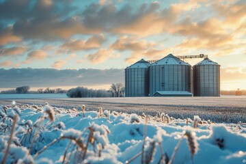 Agricultural silo in wheat field during winter Storage tanks at processing plant