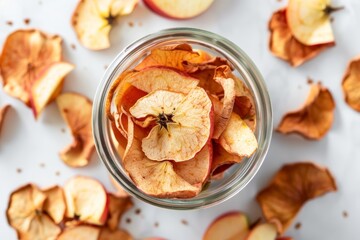 Wall Mural - Apple chips in glass jar on white background dried and dehydrated