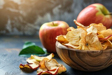 Wall Mural - Apple chips in a wooden bowl with fresh apple on tropical summer background with space for text