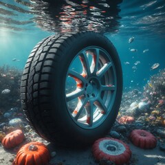 Wall Mural - Car tire under the sea Pollution Illustration, Ocean Plastic Ecology Underwater Problem