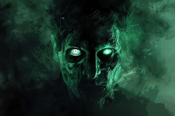 eerie zombie portrait with glowing green eyes dark horror digital art illustration