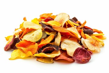 Sticker - Assorted dried fruit and veggie chips on white surface vegan and nutritious snack