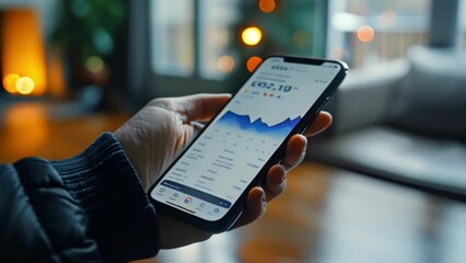 Fototapete - This hand holding a smartphone with a financial chart and data displayed on the screen.
