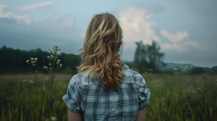 Wall Mural - A woman stands in a field of tall grass