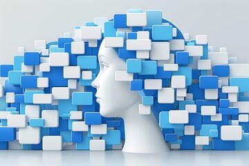 Leinwandbilder - Abstract profile of a head composed of blue and white digital squares, symbolizing modern technology, creativity, and artificial intelligence