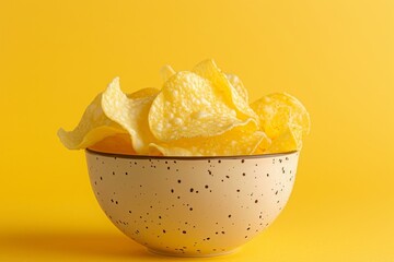 Wall Mural - Cassava chips in bowl on yellow background ideal for recipes articles catalogs or ads