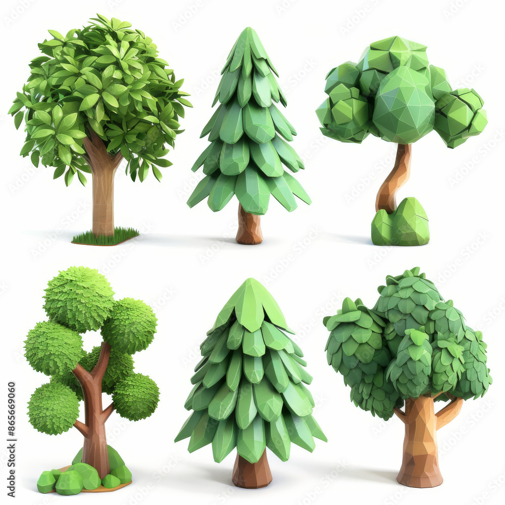 Cartoon green trees isolated on white background. Colorful modern ...