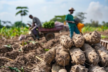 Wall Mural - Cassava farming involves harvesting tapioca for food industry