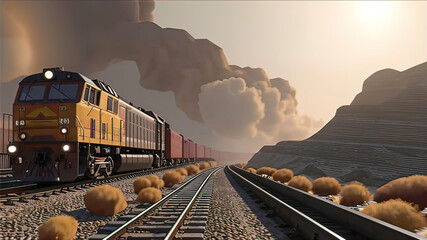 freight train moving in mountain landscape approaching a tunnel, freight rail transportation,