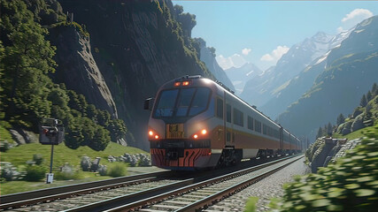 freight train moving in mountain landscape approaching a tunnel, freight rail transportation,