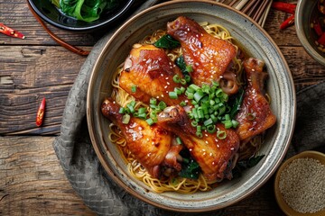 Poster - Chicken wings and bitter gourd noodles from above on wooden background